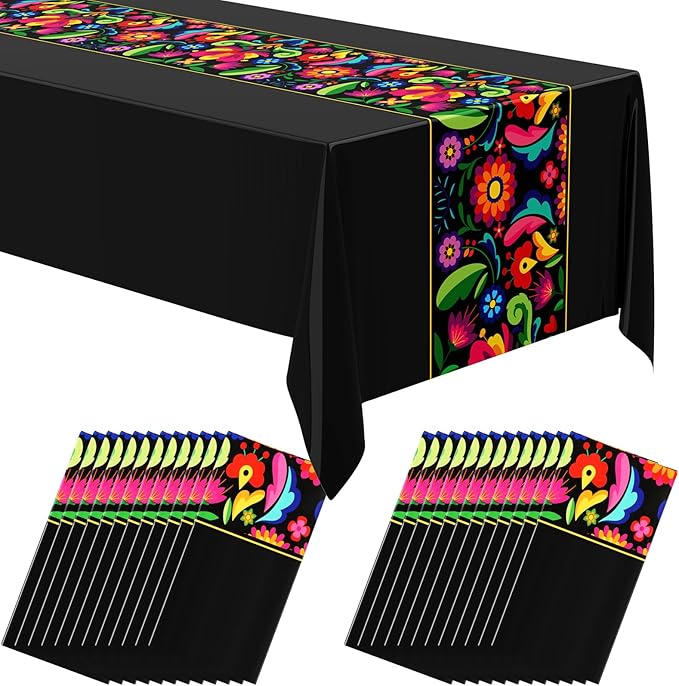 Oudain 12 Pcs Fiesta Tablecloth 108 x 54 Inch Plastic Tablecover Mexican Waterproof Tablecloth Disposable Table Cover for Taco Night Festive Mexican Fiesta Wedding Party Decoration (Black)