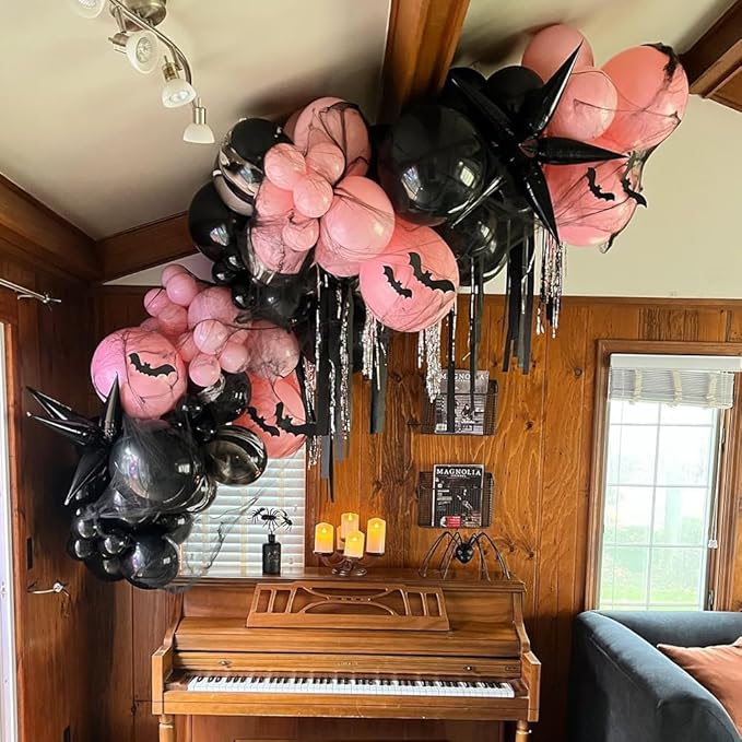 166pcs Pink Black Purple Halloween Balloon Garland Arch kit, Scary Spider Happy Halloween Baby Shower Party Decorations with 3D Bat Stickers for Girls Spooky Birthday BOO Day Party Supplies