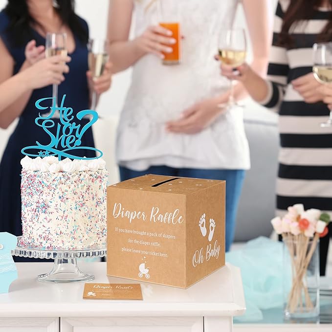 Funrous 51 Diaper Raffle Tickets with Box for Baby Shower Game Invitations Diaper Raffle Card for Gender Reveal Baby Shower Party Decoration Table Centerpiece(Brown Color)