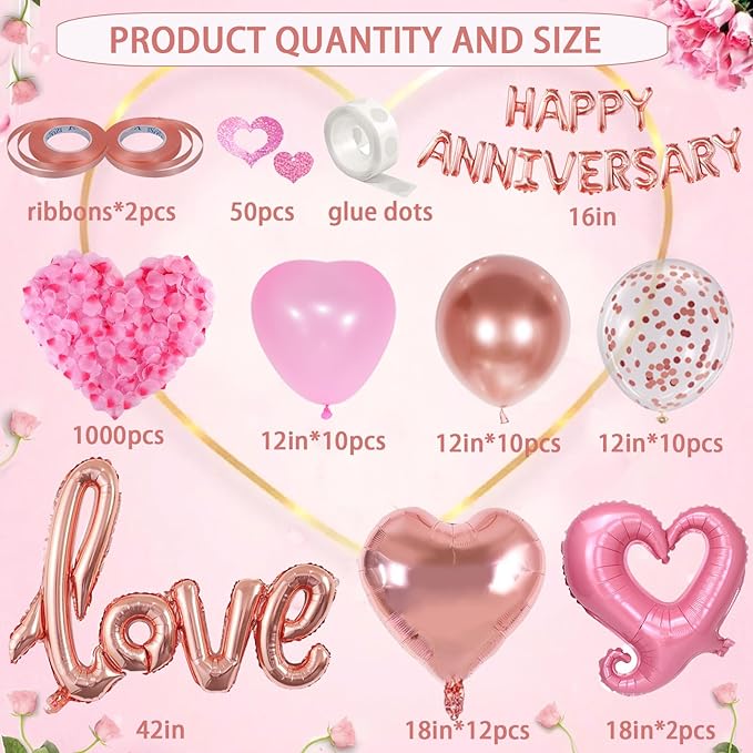 Happy Anniversary Decorations with Rose Gold Happy Anniversary Banner, Heart Balloons, Love Balloon, Silk Rose Petals and Heart Hanging Decor for Valentines Day, Wedding, Bridal Shower Decorations