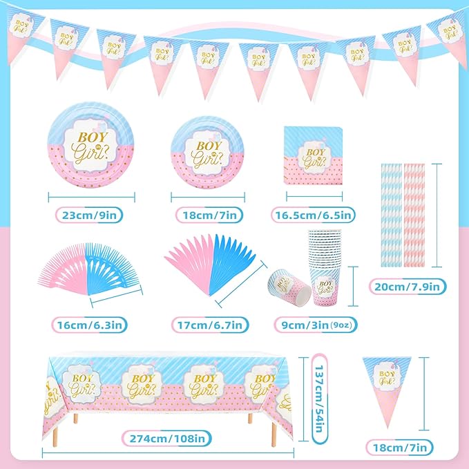 Gender Reveal Party Tableware Set - 114 Pcs Boy or Girl Paper Plates Cups Napkins Straws Tableware Set Tablecloth Banner Tableware Supplies Baby Shower Decorations