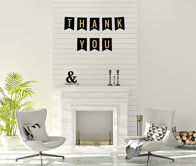Andaz Press Faux Gold Glitter on Black Party Banner Decorations, Thank You, Approx 5-Feet, 1-Set, Birthday Wedding Baby Shower Colored Hanging Pennant Decor