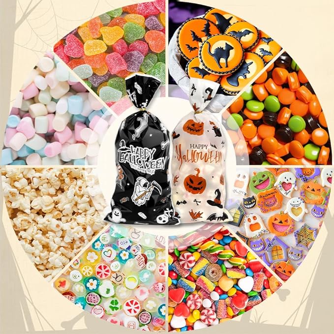 100 PCS Halloween Treat Bags(5x11 Inch) with Tie, Plastic Halloween Bags for Candy Goodie Goody Cookie Gift Wrap Night Party Favors Supplies Decorations Ghost Witch Castle Pumpkin Cellophane Pouch