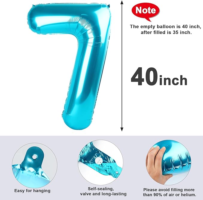 40 Inch Number 7 Balloon, Light Blue Seven Birthday Decor, 7 17 27 70 Year Old Balloon Number for Engagement, Wedding, Graduations