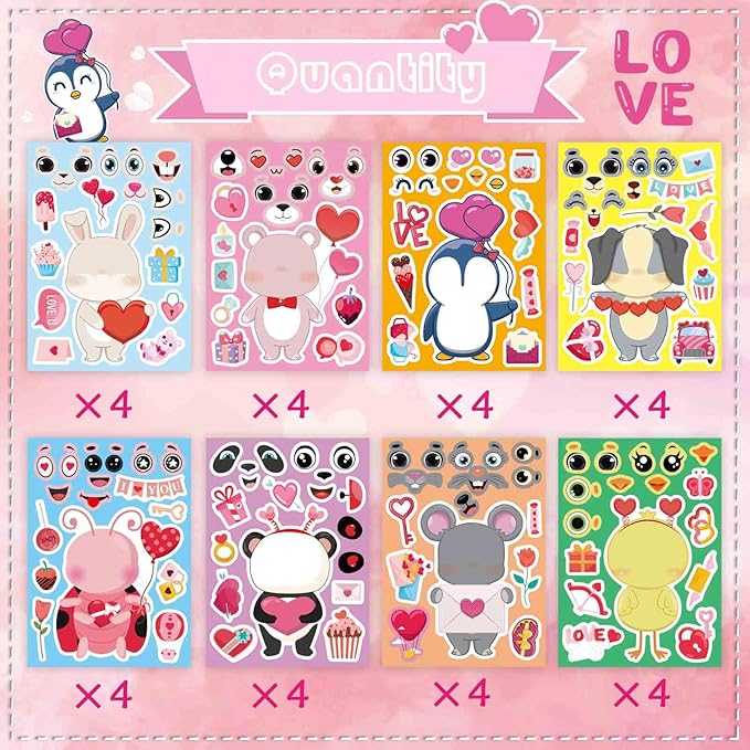 32 Sheets Valentine Stickers for Kids, Valentines Crafts Heart Love Sticker Make a Face Stickers, Make Your Own Animal Stickers Valentines Gifts for Kids Classroom Valentine Goodie Bags Party Favors