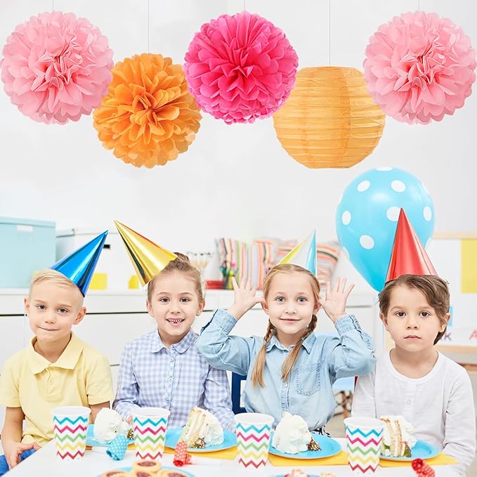 Hot Pink Orange Paper Flowers Tissue Pom Poms Honeycomb Lanterns 15pcs Party Decorations Fall Thanksgiving Wedding Baby Bridal Shower Birthday Autumn Groovy Sunset Hanging Supplies Mprocherify