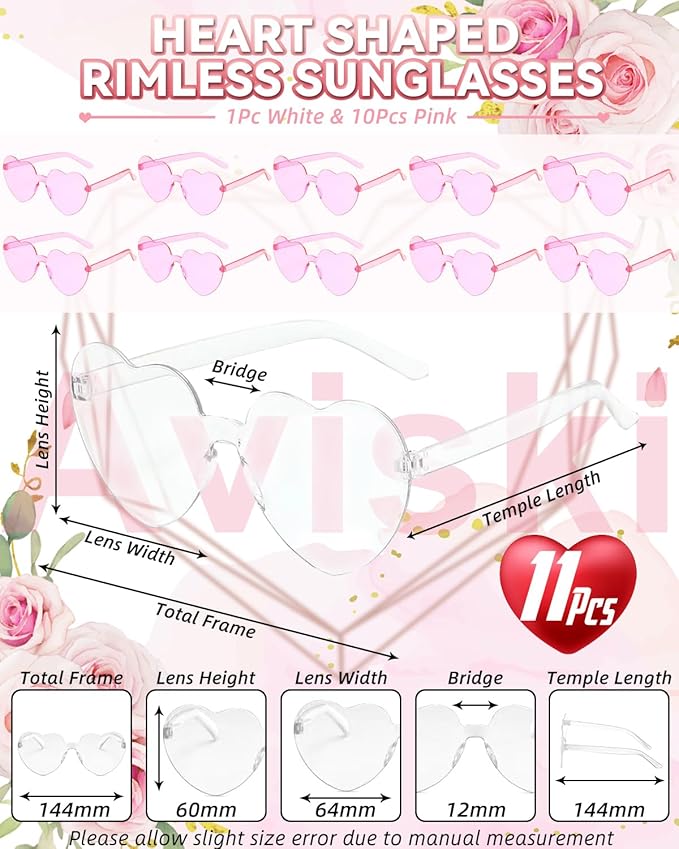 11 Pairs Heart Shaped Glasses Rimless Frameless Sunglasses Transparent Tinted Eyewear, 1 Bride + 10 Team Bride Glasses Bachelorette/Wedding Party Bridal Shower Party Favours Photo Booth Props