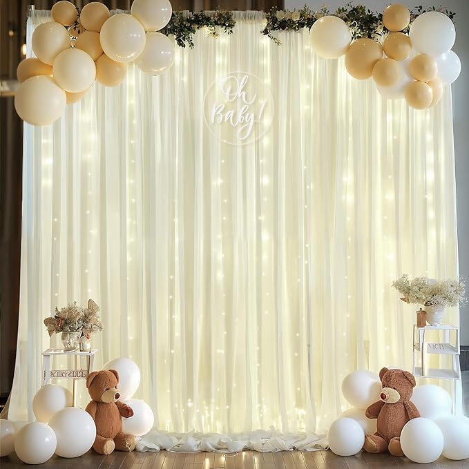 10x10ft Ivory White Chiffon Backdrop Curtain with Lights String for Wedding Sheer Tulle Curtain Photo Backdrops Drapes for Baby Shower Birthday Party Home Ceremony Decorations