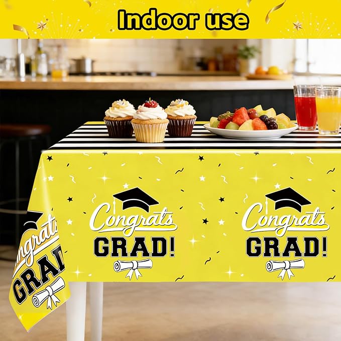 7-Pack Graduation Party Decorations Set, 3 Yellow Graduation Tablecloths 54x108in, 2026 and Grad Balloons, 2 Foil Fringe Curtains for High School College Graduation Party Photo Booth