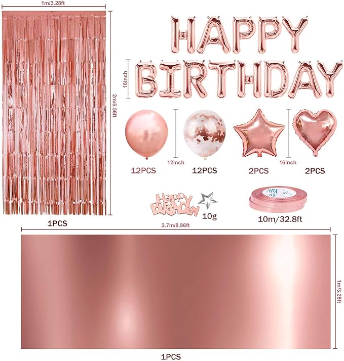 MOVINPE Rose Gold Birthday Party Decoration, Happy Birthday Banner, Rose Gold Fringe Curtain, Foil Tablecloth, Heart Star Foil Confetti Balloons, 10g Table Confetti for Women Girl Birthday Party