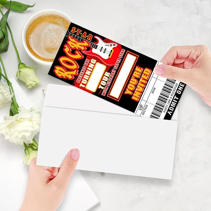 Rockstar Birthday Invitation Ticket, Rock Star Birthday Invitation for Teen Adult, 20 Pop Star Ticket With Envelopes, 3.5 x 8" Double-Sided Fill In Birthday Party Personalized Invites Cards - Red