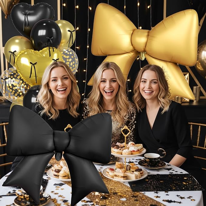 Paready Black and Gold Heart Balloons, 38 Inch Bow Balloons, Metallic Gold Confetti Balloon and Bow Heart Shaped Foil Balloon for Prom Birthday Wedding Bridal Baby Shower Valentines Day Decorations