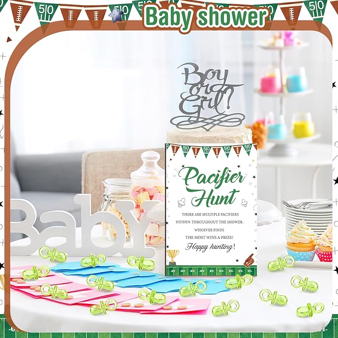 Thyle 51 Pcs Football Pacifier Hunt Baby Shower Games Forest Animal Baby Shower Game Decoration Include Hunt Sign and Acrylic Pacifiers Touch Down It's a Boy Gift Sets for Gender Reveal Party Decor