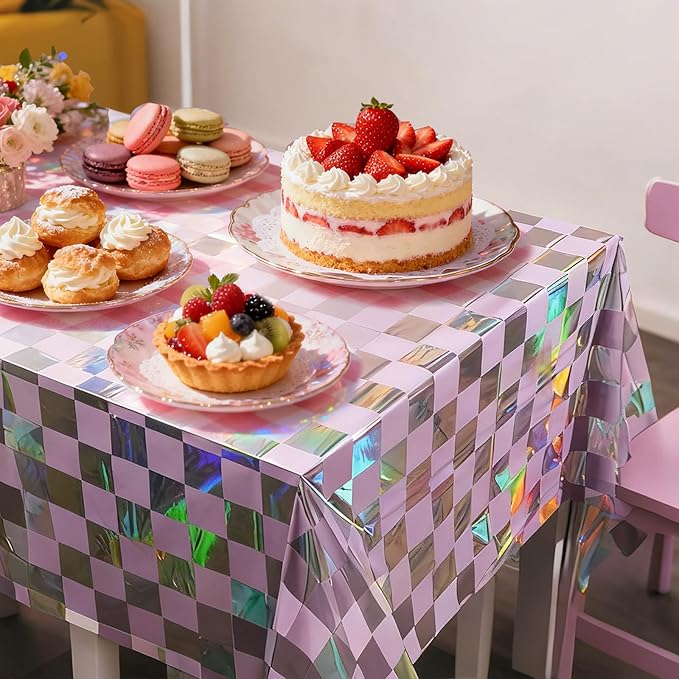 3-Pack Vibrant Pink Checkered Tablecloths, Holographic Glittering Disposable Plastic Tablecloths, 54 Inches x 108 Inches, Suitable for Picnics, Birthday Parties, Racing Theme Decorations