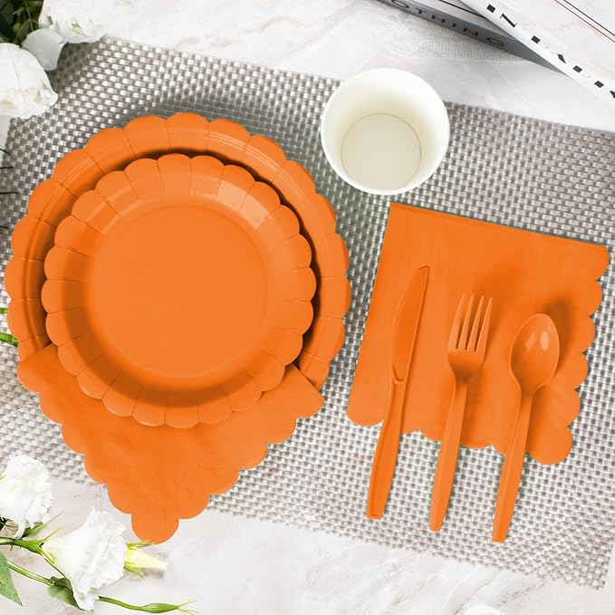 Vyntra 175 Pcs Orange Disposable Paper Plates and Napkins Set for 25, 9" Dinner Plates & 7" Dessert Plates, Tableware for Halloween, Fall Party, Birthday, Picnic