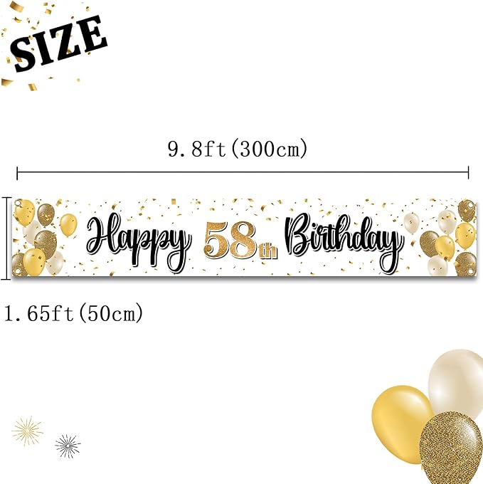 Happy 58th Birthday Decorations,58th Gold Balloon Large Birthday Hanging Banner Sign,58 Years Old Bday Party Supplies.
