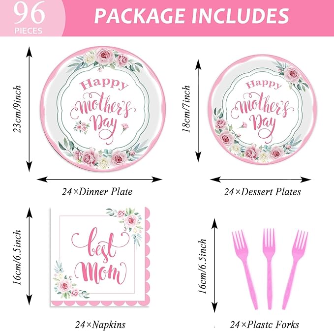 chiazllta 96 Pcs Happy Mother's Day Party Paper Plate and Napkins Set - 24 Guests, Pink, Spring Floral Design, Serves 24, Best Mom Ever Theme