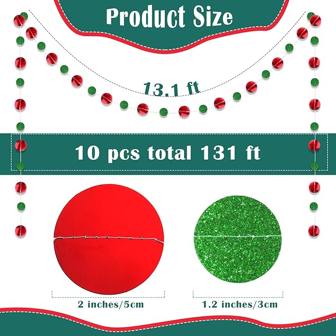 Outus 10 Pieces Red Round Dots Garland Easter Graduation Party Hanging Decor Each Length 13.1ft Glitter Paper Dot Streamers for Birthday Wedding Classroom (Green)