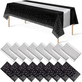 16Pack Disposable Plastic Tablecloths and Satin Table Runner Set Black and Silver Dot Tablecloth Silver Satin Table Runner for Wedding Birthday Baby Shower Anniversary Christmas New Year Party Supply