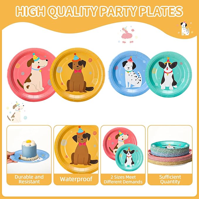 Havawish 240 Pcs Pet Dog Birthday Party Supplies Retro Puppy Themed Paper Plates Napkins Cups Vintage Puppy Face Party Tableware Disposable Pet Dinnerware for Birthday Baby Shower Table Decor