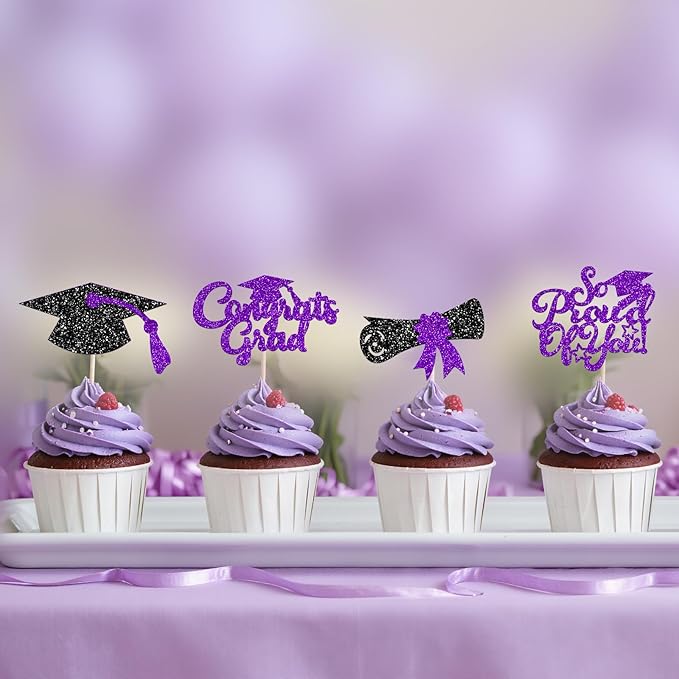 24Pcs Black Purple Graduation Cupcake Toppers 2026, Glitter Grad Cap Diploma Congrats Grad We Are So Proud of You Cupcake Toppers for Class of 2026 Graduation Party Decorations.