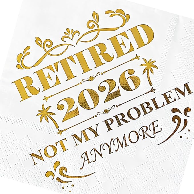 Retired 2026 Cocktail Napkins, 50 Pack 3-Ply Retirement Party Decorations Supplies, Gold Foil Disposable Napkins for Farewell,Coworker Goodbye & Going Away Celebration (5"x5")