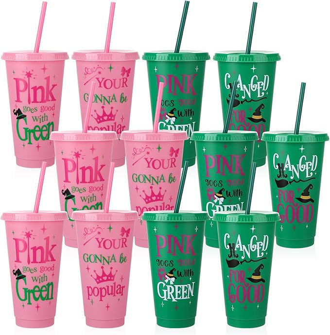 12 Pcs Pink Green Plastic Cups with Lids and Straws 24 oz Reusable Tumbler for Witch Princess Enchanted Theme Parties Birthdays Bachelor Party Decoration
