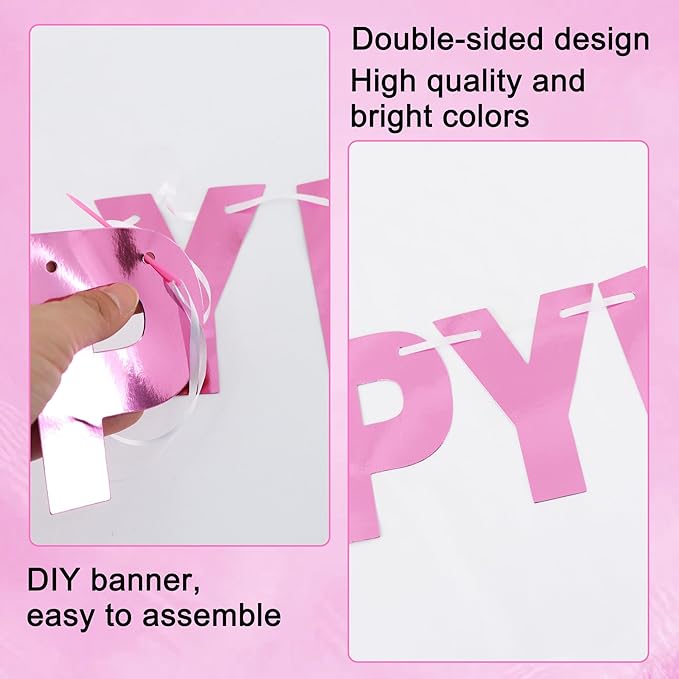 BEISHIDA 116 PCS A-Z DIY Letter Banner Kit Make Your Own Banner Double-Sided Pink Including 111 Letters and Numbers 3 Rope and 9 Threading Device,Customized for Birthday Graduation Wedding Decor