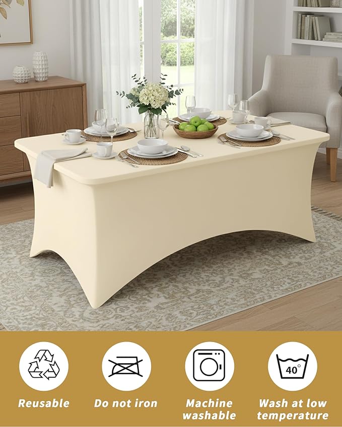 Fixwal 3 Pack Ivory Table Cloths Rectangle 8FT, Tablecloths Rectangular Stretch Spandex Fitted Table Covers 8ft for Parties, Trade Shows, Banquet, Weddings, Buffet, Graduation