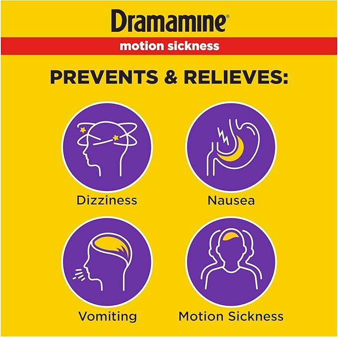 Dramamine Motion Sickness Less Drowsy, Travel Vial, Multicolor, 8 Count (Pack of 3)