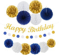Navy-Blue Gold Birthday Party-Decorations Paper-Flowers - 14pcs Happy Banner Royal Lanterns Tissue Pom Poms,Men Streamers Garland Fans Honeycomb,Teen Boys Male Kids Hanging Supplies Decor Hugfond