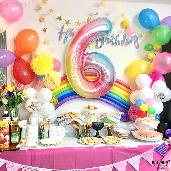 KatchOn, Giant Rainbow Number 6 Balloon - 40 Inch | 6 Year Old Birthday Balloons for 6th Year Decoration | 6 Number Balloons for 6th Happy Anniversary Decorations, 6th Birthday Party Decorations
