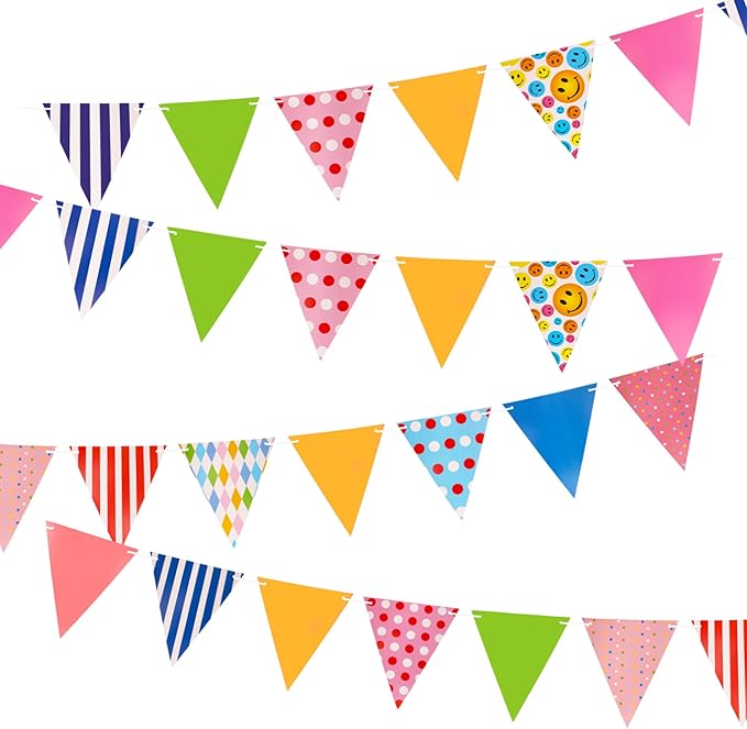 Colorful Paper Flag Banner, 24 Pcs Triangle Banner Birthday Garland with 32.8ft Ribbon, Smiley Face Pennant Flags for Kids Party, Nursery, Preschool Classroom Wall Decorations