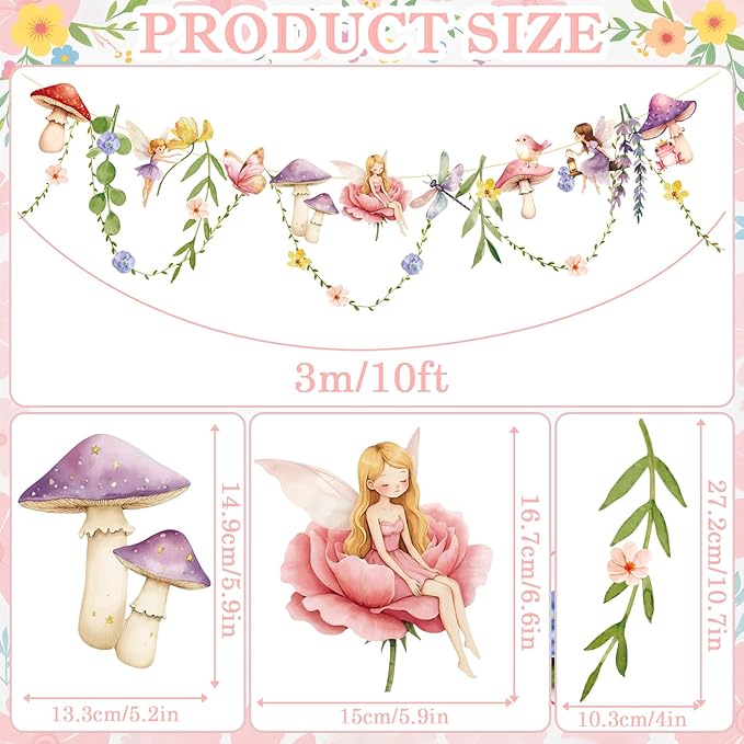 Fairy Party Banner, Fairy First Birthday Party Decorations, Mushroom Flower Banner for Baby Shower Garden First Fairies Tale Theme Girls Birthday Wedding Decor
