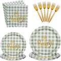 96PCS Sage Green Party Supplies Disposable Oh Baby Paper Plates Napkins Forks for Baby Shower, Neutral Gender Reveal Decorations Serves 24
