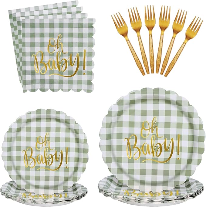 96PCS Sage Green Party Supplies Disposable Oh Baby Paper Plates Napkins Forks for Baby Shower, Neutral Gender Reveal Decorations Serves 24