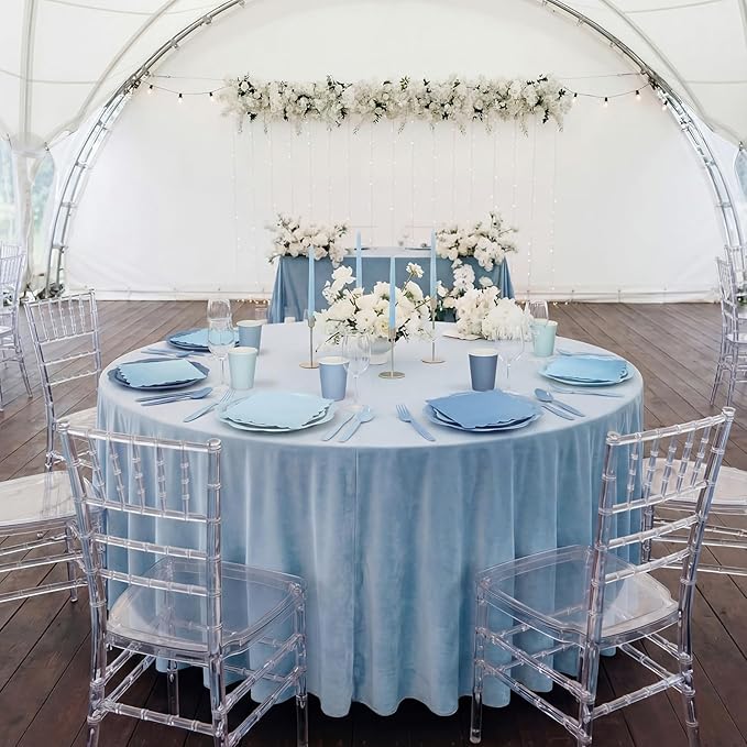 Qinyoung 388 Pcs Dusty Blue Plates and Napkins Party Supplies Tableware Include Disposable Scalloped Plate Paper Napkin Cup Plastic Cutlery for Baby Shower Party Wedding Birthday, 48 Sets