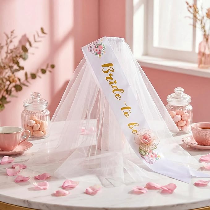 4 Pcs Tea Party Bridal Shower Favor Floral Tea Bride to Be Sash and Veil Bachelorette Party Decorations Flowers Teapot Theme Wedding Satin Sash Bridal Shower Gifts Engagement Supplies