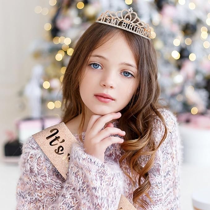 CAVETEE Birthday Crowns for Women - Its My Birthday Sash and Crown Set for Adult Women - Rose Gold