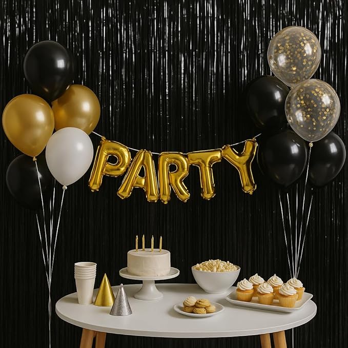 Black Foil Fringe Backdrop Curtain 2 Pack – 3.2 x 6.4 ft Metallic Tinsel Streamer Party Decoration for Photo Booth, Birthday Party, Graduation & Celebration Backdrop