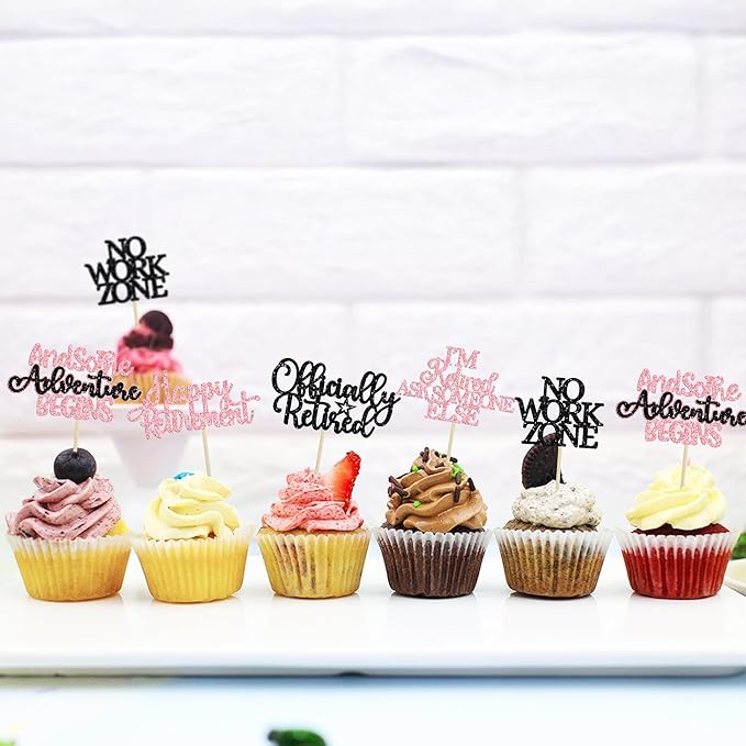 Gyufise 30Pcs Happy Retirement Cupcake Toppers Officially Retired Cake Toppers No Work Zone Adventure Begins Cupcake Picks for Retirement Theme Farewell Birthday Party Decorations Supplies Pink Black