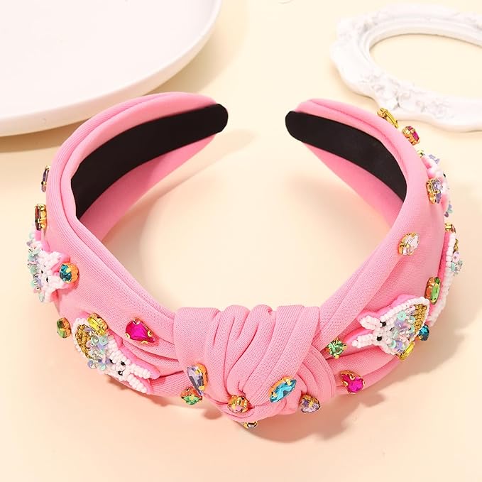 Easter Headbands for Women Girls Cute Easter Bunny Headband Jeweled Crystal Embellished Knotted Headband Holiday Party Hair Accessories (Beaded Bunny-Pink)