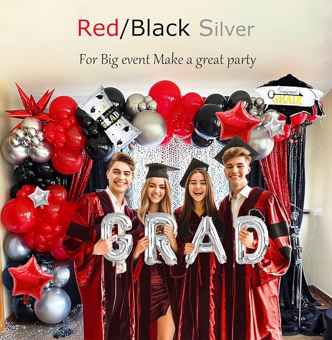 Black Red and Silver Balloon Garland Arch Kit 130+ Pieces with Red and Silver Stars, Graduation Certificate Graduation Cap GRAD Letters Mylar Balloons for 2026 Graduation Prom Decorations