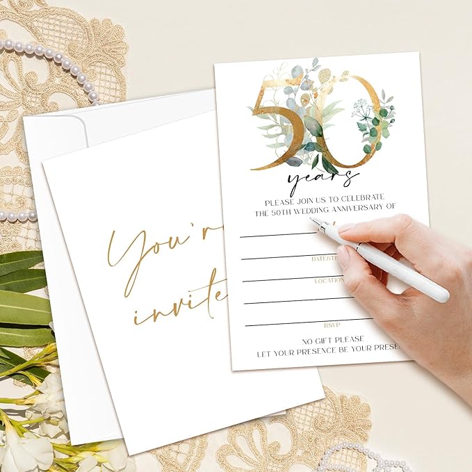 Greenery 50th Wedding Anniversary Invitations, 50th Anniversary Invites, Wedding Party Supplies, 25 Pcs Cards & Envelopes /10