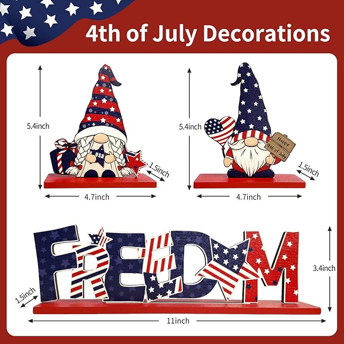 4th of July Table Decorations Patriotic Desk Decor 3 Pcs Wooden Gnomes Freedom Memorial Day Red White and Blue Decor