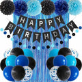 ANSOMO Blue and Black Happy Birthday Party Decorations for Boys Men Banner Balloons Navy Royal Light Blue Pom Poms Foil Curtain Décor Supplies 13th 16th 18th 20th 30th 40th 50th 60th 70th 80th