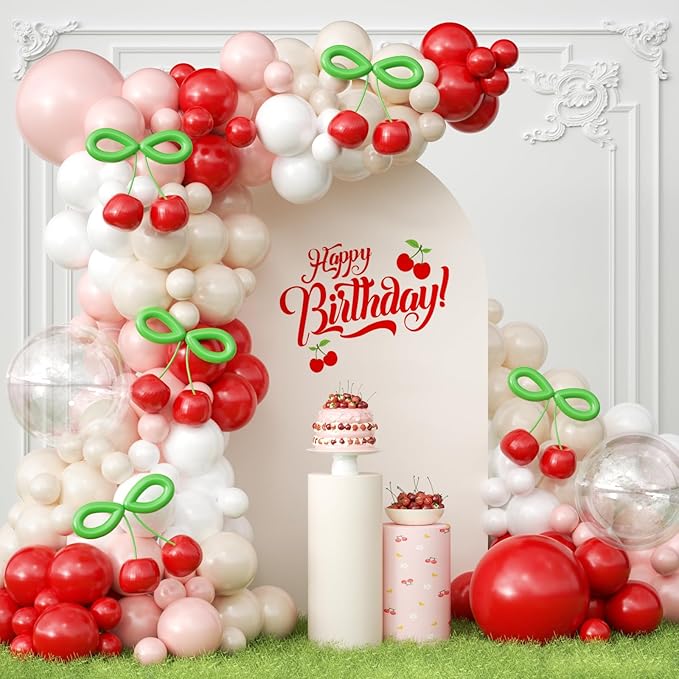 JOGAMS Cherry Balloon Arch Kit,193Pcs Cherry Party Decorations with Clear Red Pink White Sand Balloons for Cherry On Top Baby Shower Birthday Bridal Shower Wedding Valentine's Galentine's Day