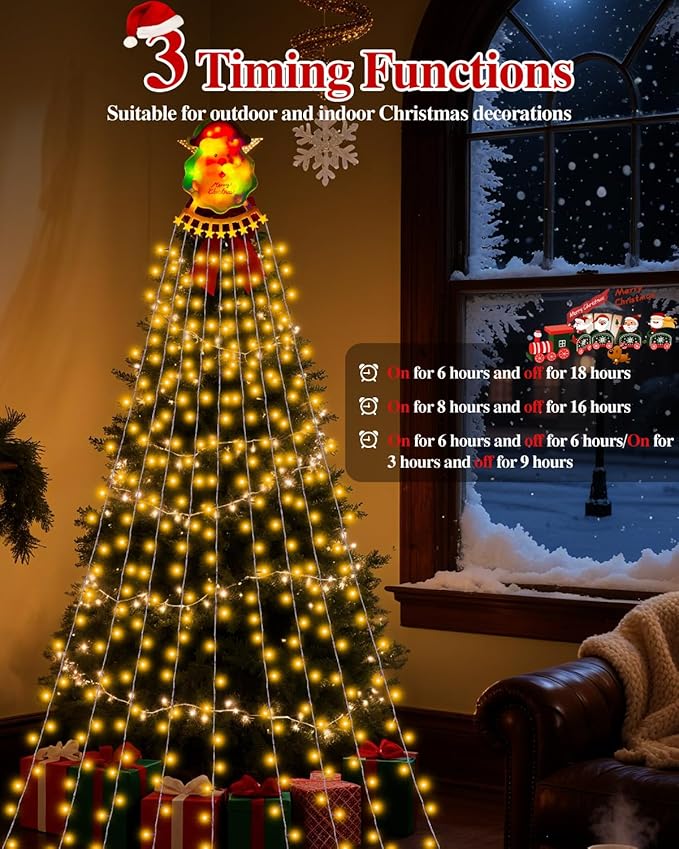 Christmas Waterfall Outdoor String Lights, Christmas Tree Lights with Topper 335 LED 11.48ft 9 Strands, 8 Lighting Modes Holiday New Year Decoration Lights for Wedding Yard Party Home Indoor Decor