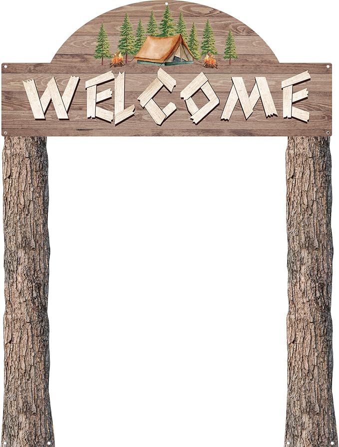 Peryiter 3 Pcs Camping Themed Party Decorations Banner Welcome Porch Sign with 1 Double Sided Tape for Summer Camp Birthday Hawaii Baby Shower Themed Party Activity Decor door (Forest Style)