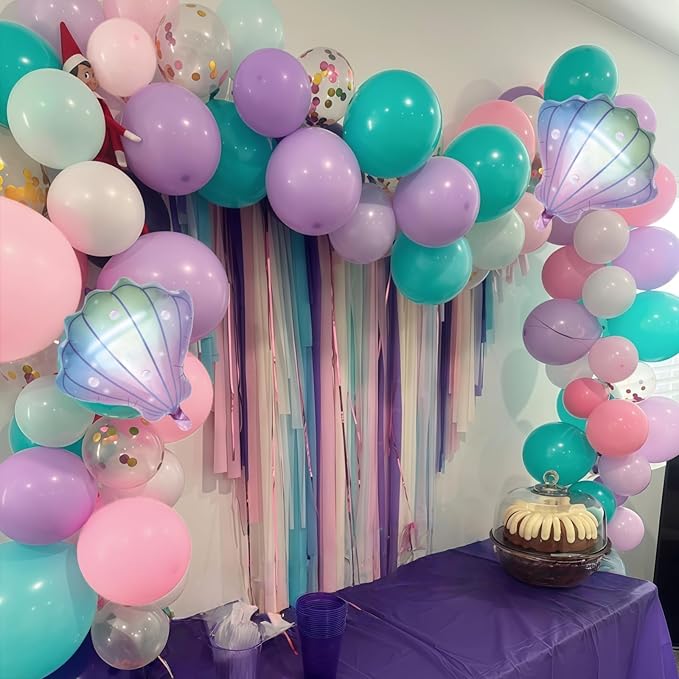 Mermaid Balloons, Pastel Pale Pink Light Purple Lilac Teal Pearl White Balloons with Seashell Foil Balloon Confetti Balloon for Girls Kid Sea Birthday Party Ocean Under The Sea Baby Shower Decorations